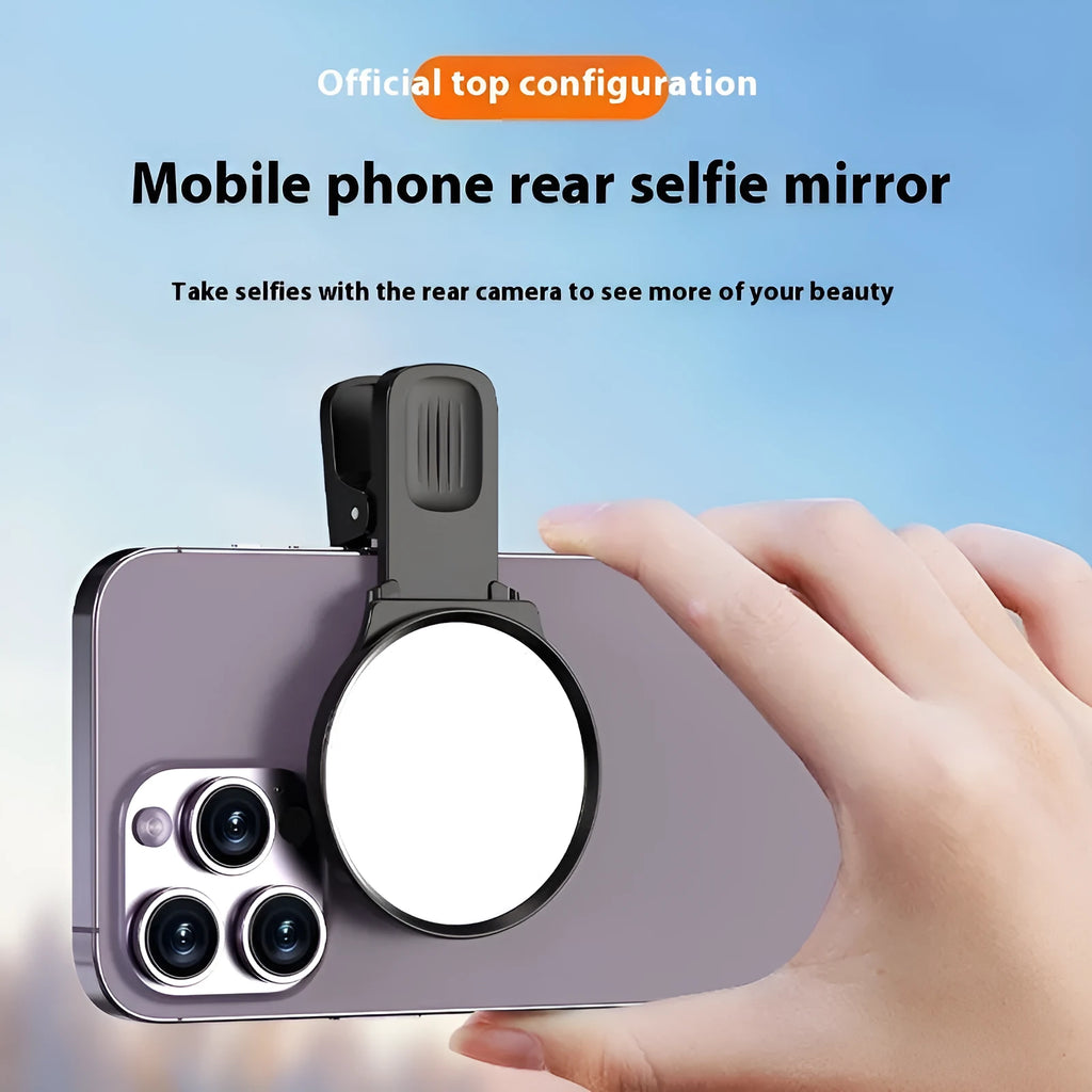 Black mobile phone rear camera self-timer clip with mirror, plastic and glass, includes lens, cloth, and storage box.