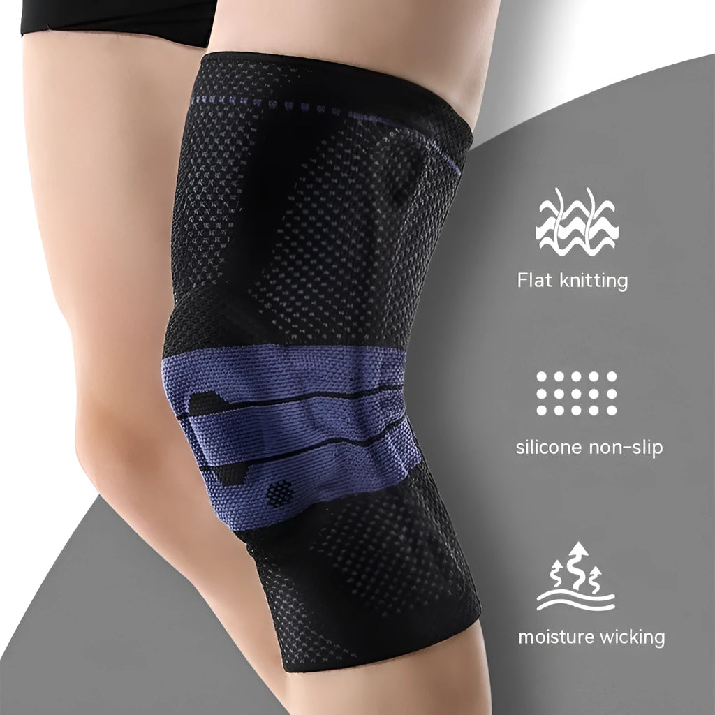 Black and blue adult sports knee pad for basketball and running protection.