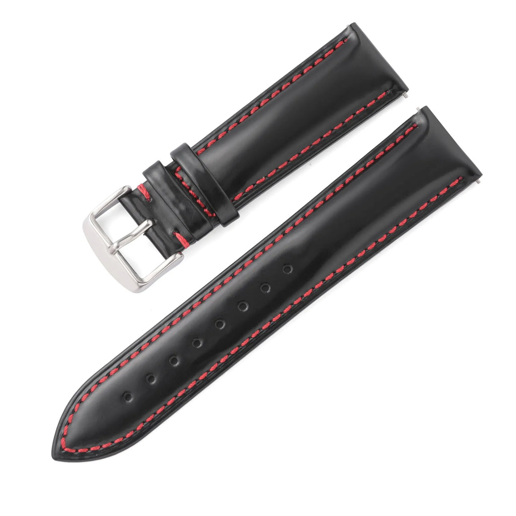 Quick-release leather watch strap in bright cowhide showing colour options and quick-release spring bar detail.