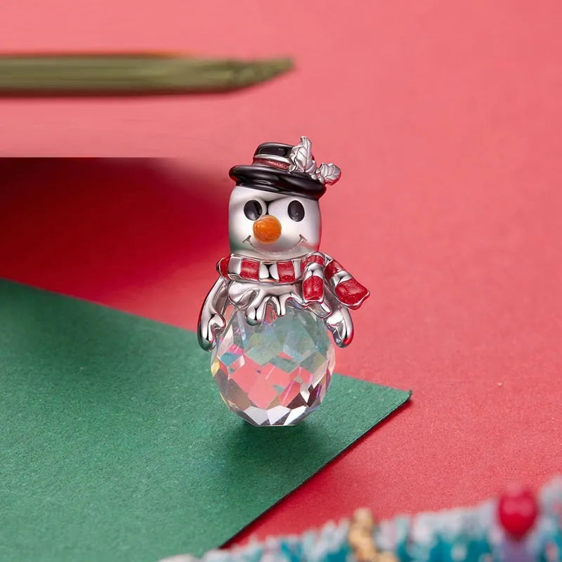 Christmas snowman S925 sterling silver bead with snowflake design on white background