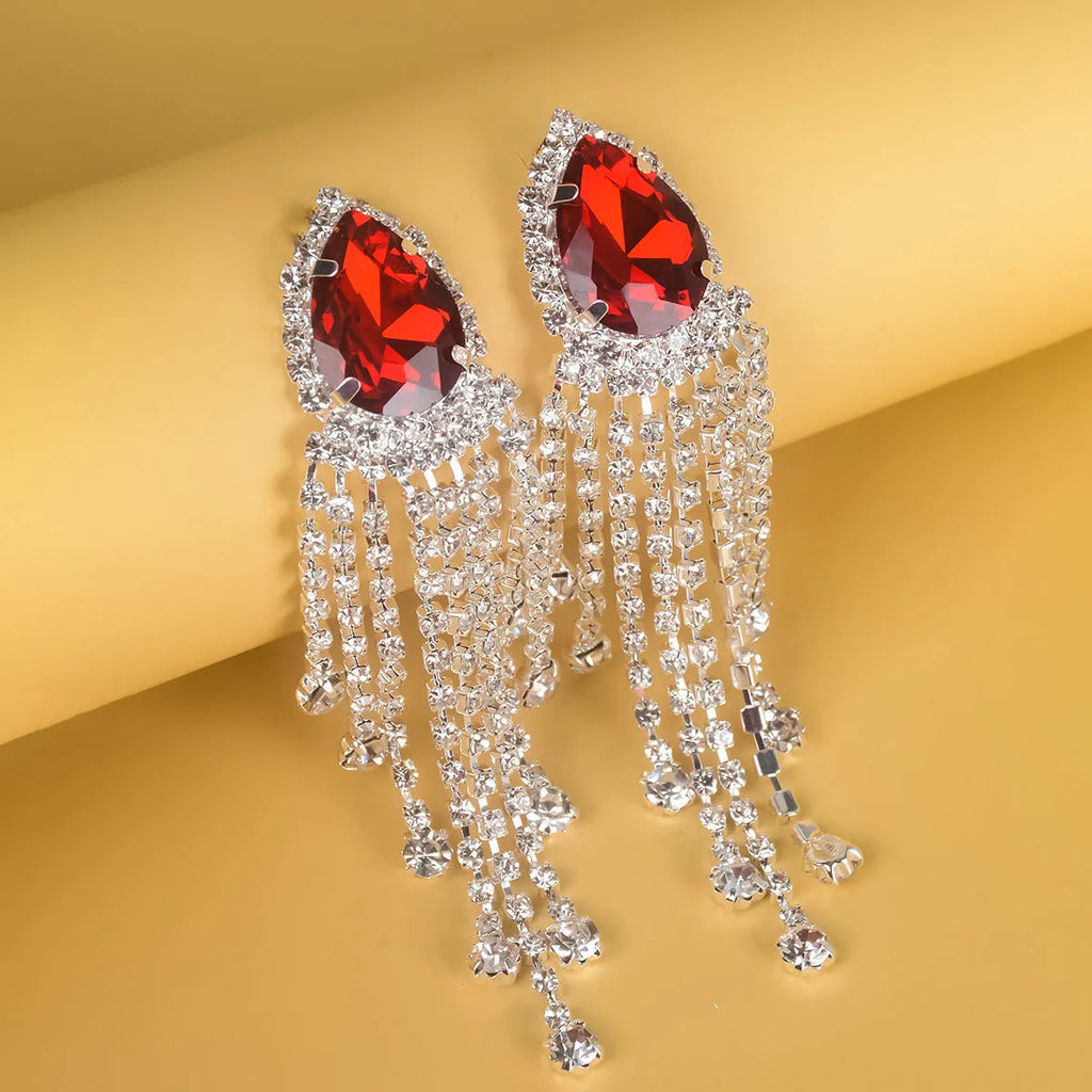 Rhinestone tassel drop earrings diamond finish silver green red 10x2.5 cm