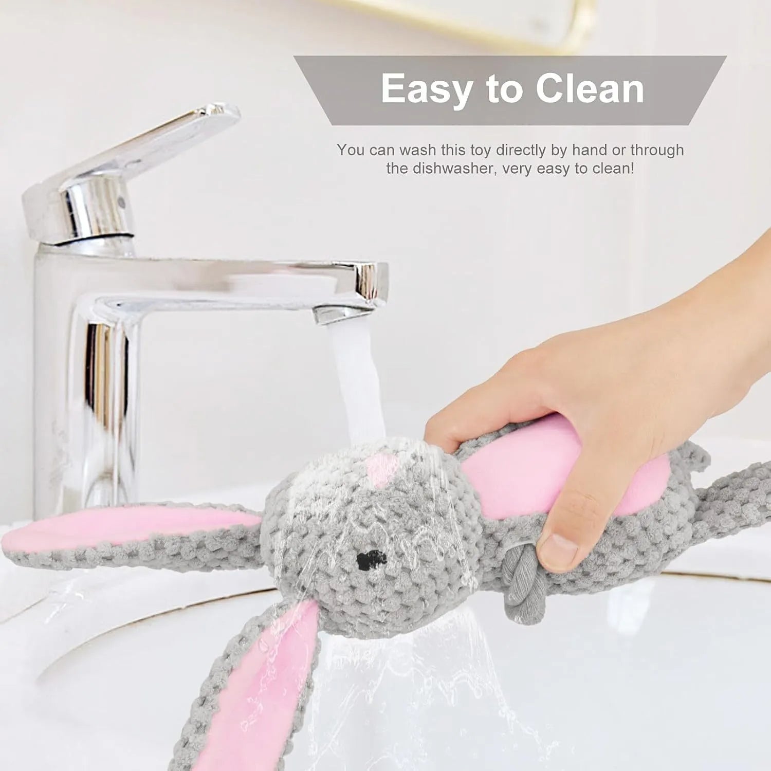 Soft plush dog toy with animal design, cotton rope tail, and internal squeaker and crinkle paper