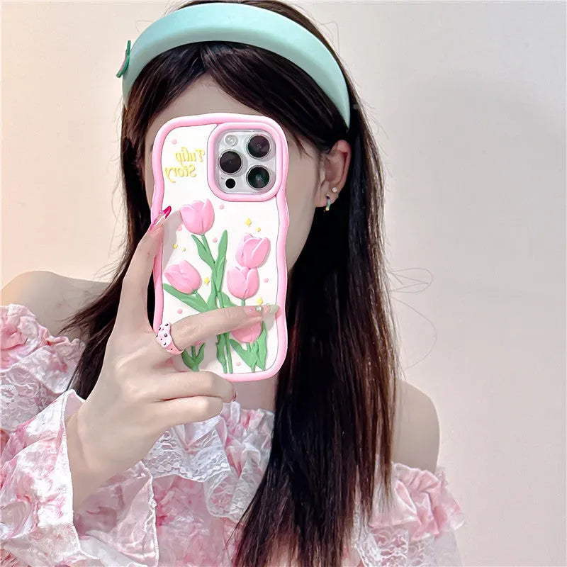 3D tulip silicone iPhone case with frosted finish, pink and colour matching, fall protection cover