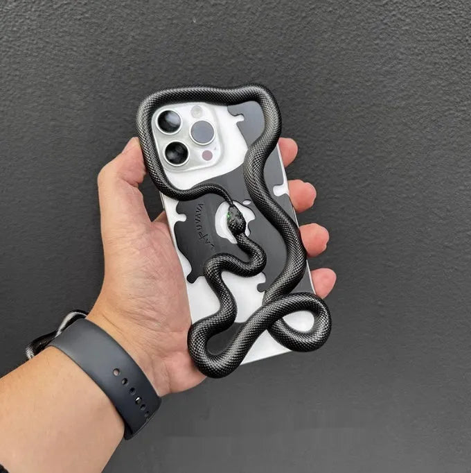 Black tailed snake hollowed out decorative phone case for iPhone 12-16 Pro Max
