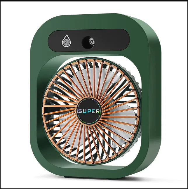 Green and white portable USB misting fan with water tank and adjustable vents