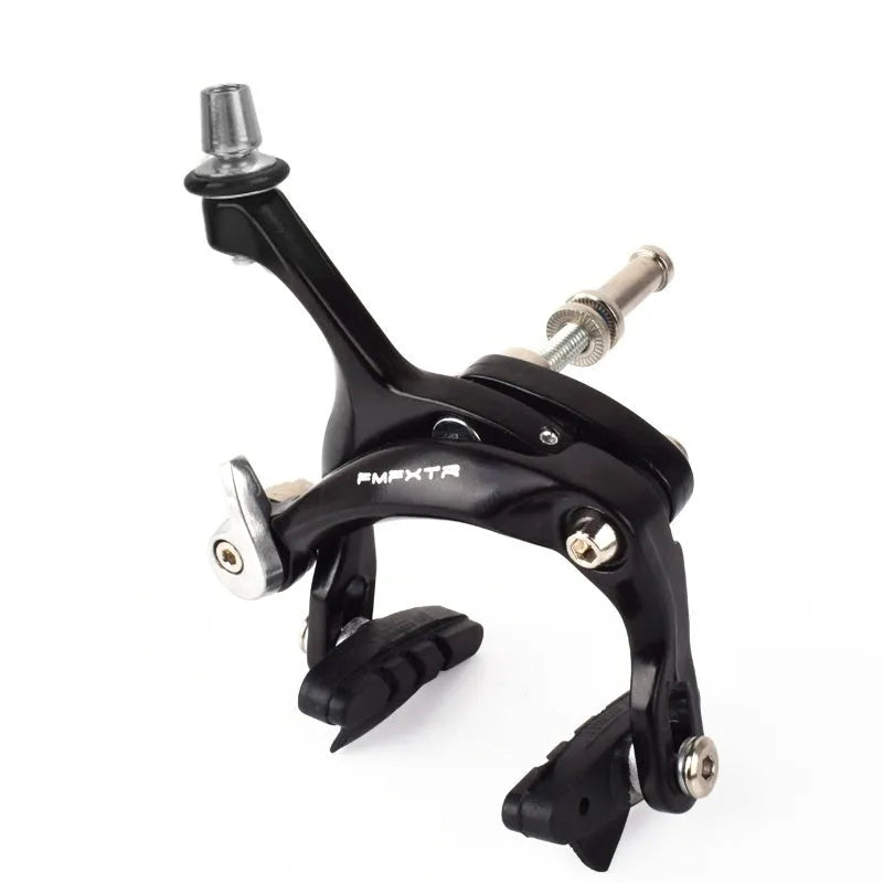 A pair of black and silver metal U-shaped dual-axis bicycle brake calipers