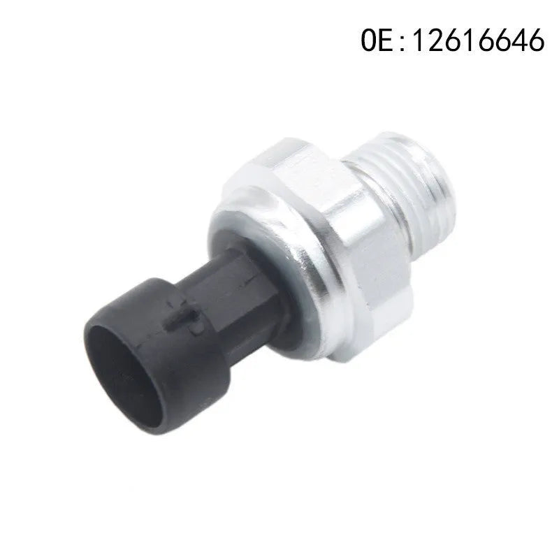 Silver metal fuel pressure sensor for automotive applications with model numbers displayed