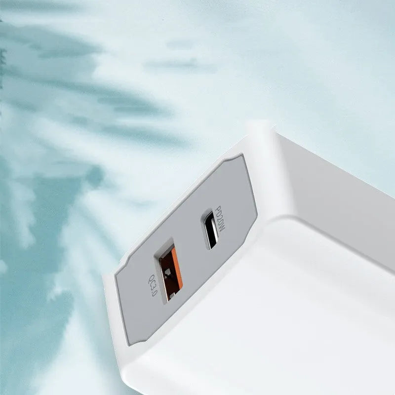 White European standard phone fast charger set with USB cable on a white background