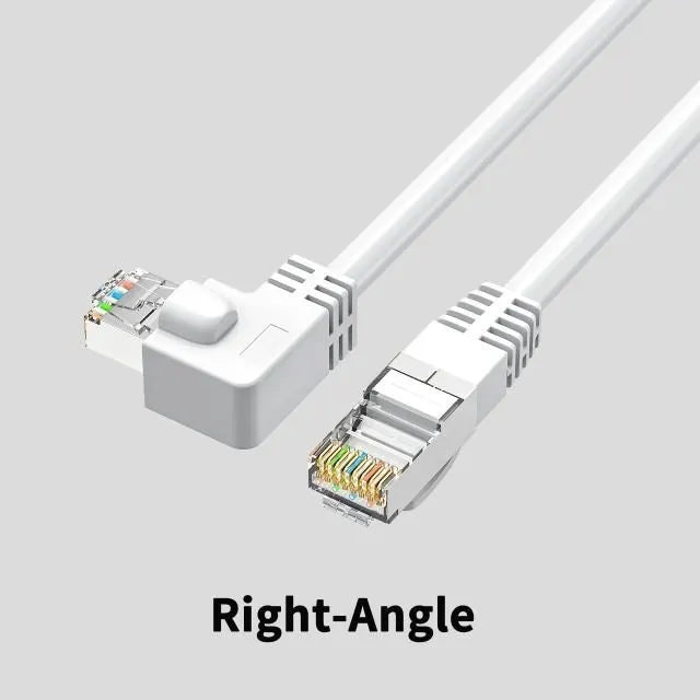 Cat6 Ethernet cable with a right-angle black RJ45 connector alongside cables in white, red, and yellow.