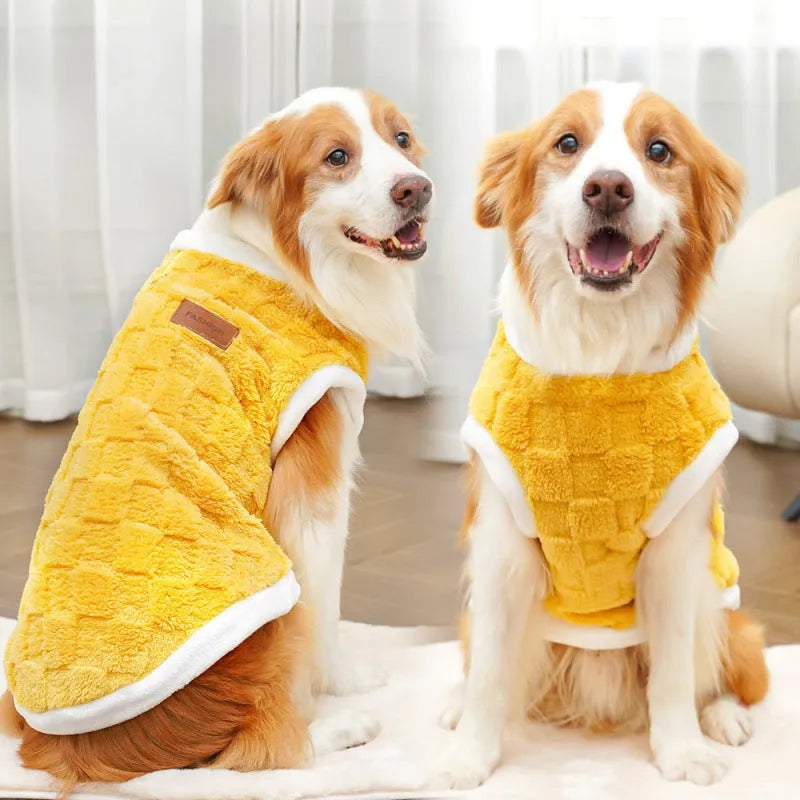 Pet autumn winter cotton dog coat with coral fleece lining in yellow square grid pattern, size M, shown on small dog