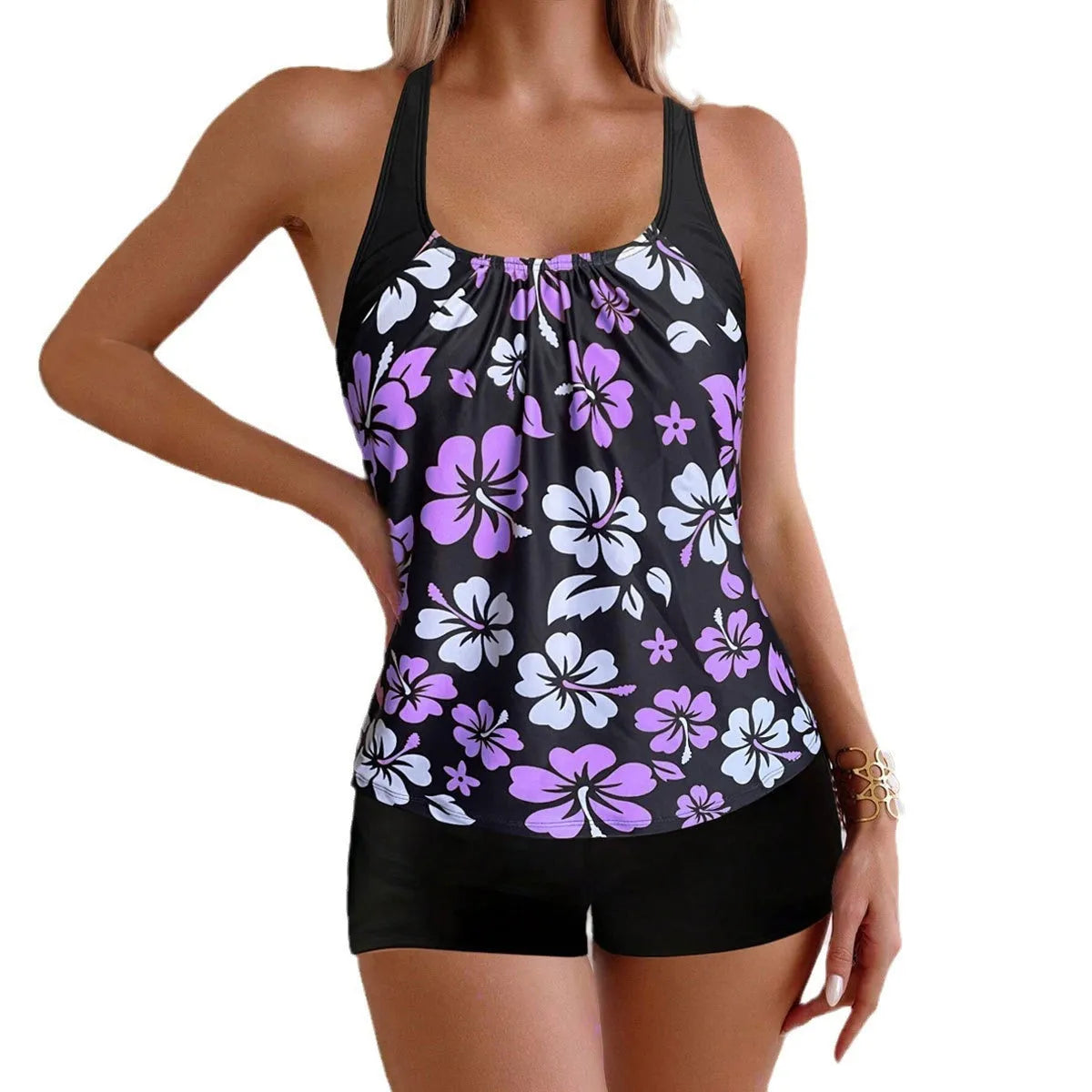 Lady sexy slim-fit printed boxers suit in pink floral design, polyester and spandex blend, Asian size