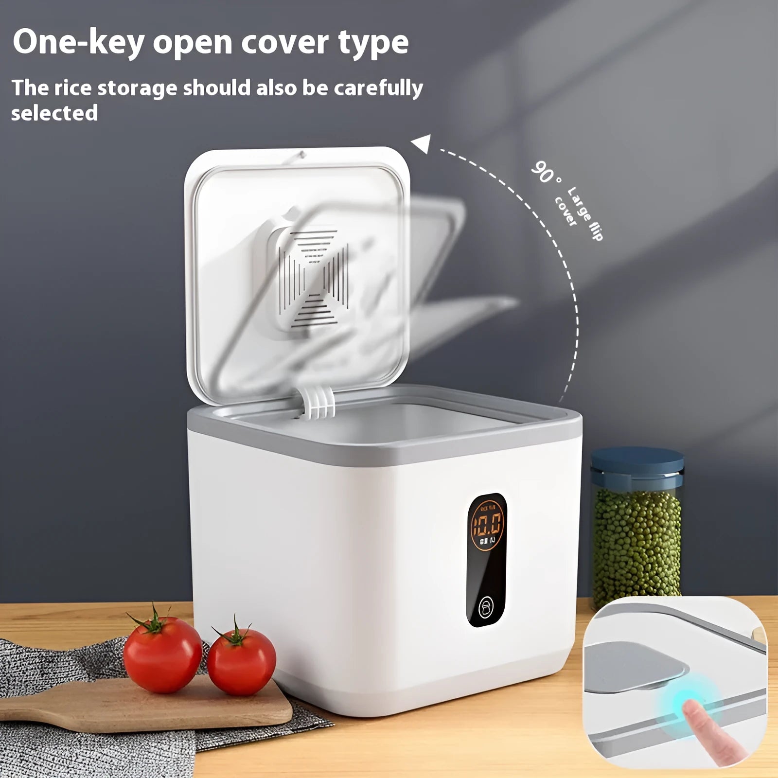 Simple grey plastic rice storage jar with lid and measuring cup for sealed, insect-proof food storage.