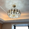 Crystal chandelier with iron body, LED light source, 220V, multi-head ceiling light in circular or elliptical size options.