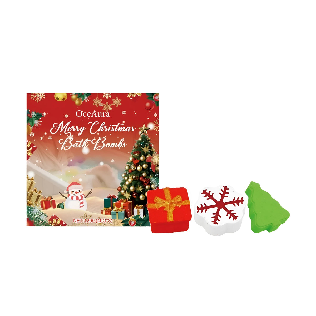 Christmas bath bomb set with gift box, snowflake and Christmas tree shaped bath bombs in festive colours