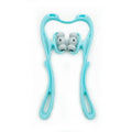 Blue handheld neck and shoulder massager with pressure nodes showing 360-degree rotation.