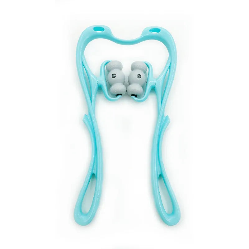 Blue handheld neck and shoulder massager with pressure nodes showing 360-degree rotation.