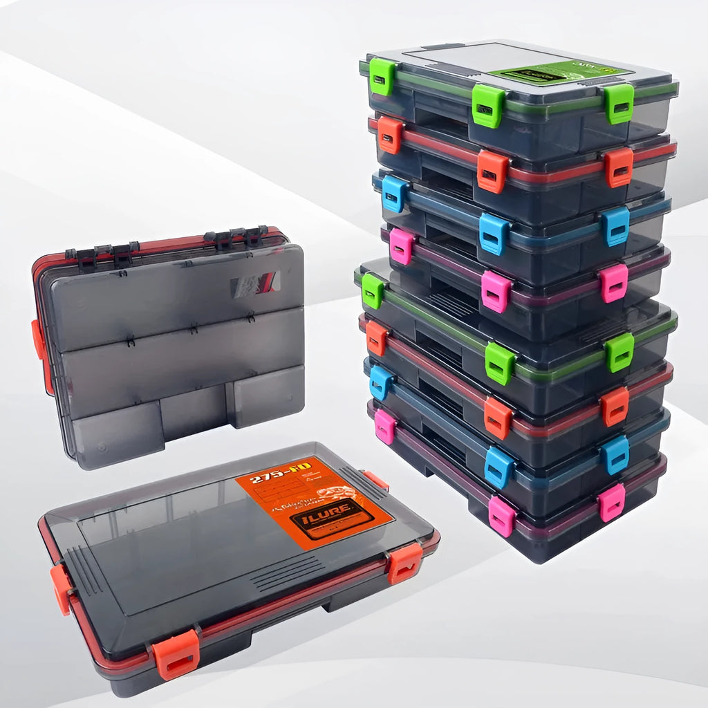 Orange waterproof plastic fishing lure storage box with lid open.