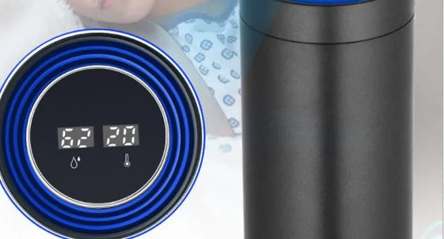 Aluminium alloy car cup holder air purifier with USB cable and negative ion generator display.