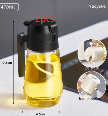Glass oil sprayer and pour dispenser bottle in beige, yellow, green, or black with ergonomic handle.