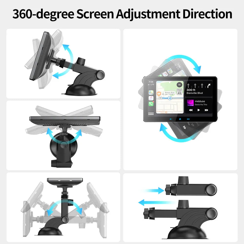 7-inch car wireless CarPlay display with suction cup mount and cigarette lighter power cable