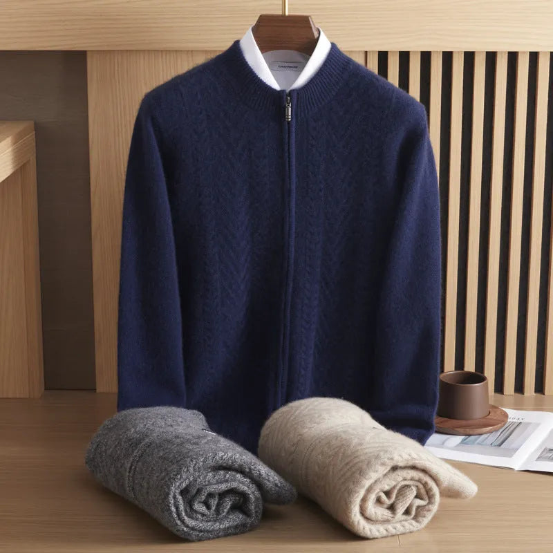 Pure cashmere thick twisted cardigan in dark blue for men, light luxury style