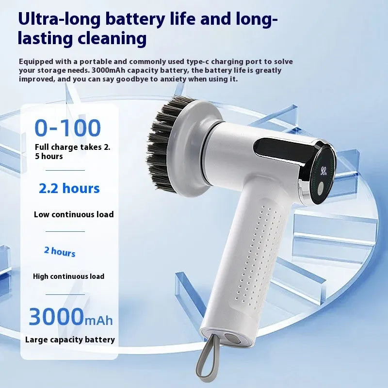 White cordless electric cleaning brush with interchangeable scrubber heads on a kitchen counter