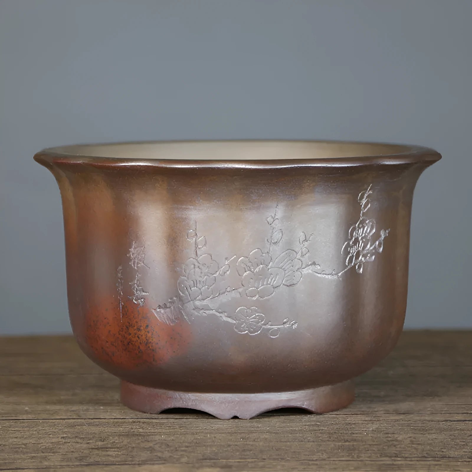 Large purple sand ceramic flowerpot with antique carved wood burning design for indoor bonsai.