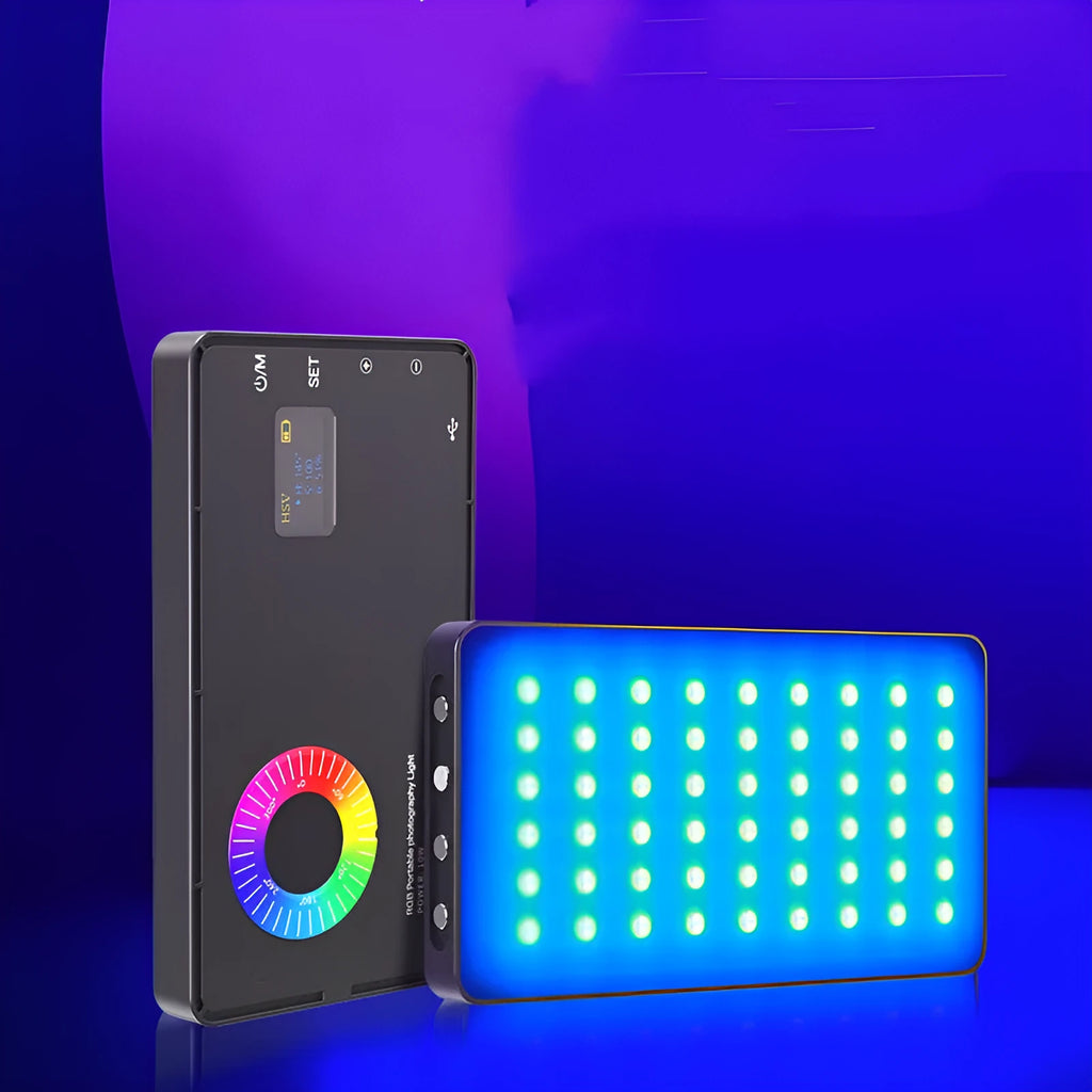 Portable LED RGB fill light in black, compact size 13.9cm, with adjustable brightness for indoor video