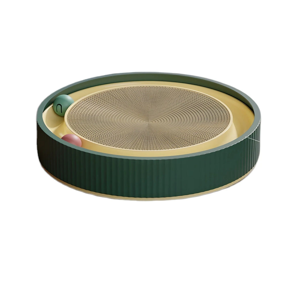 Green and white large round cat scratching board with integrated moving ball toys and a spring plush ball.