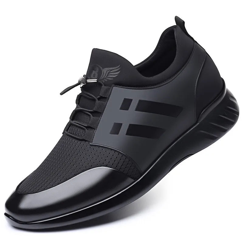 Men's black casual shoes with invisible height increase, available in leather, Lycra, or mesh.