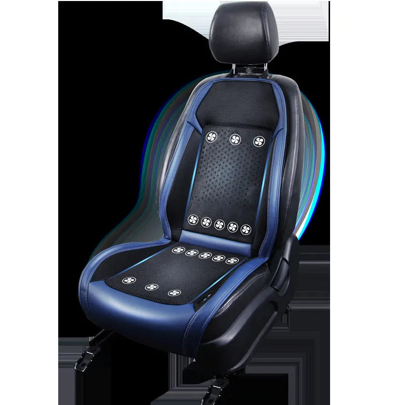 Car seat cooling pad with ventilation system in black colour featuring USB port and minimalist design