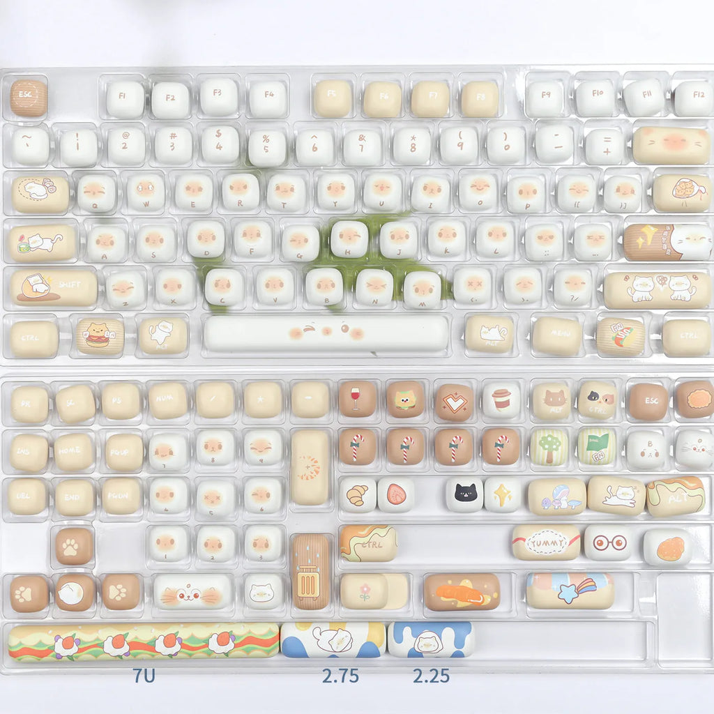 Steamed bread character march past design on a set of white PBT 7u keyboard key caps.