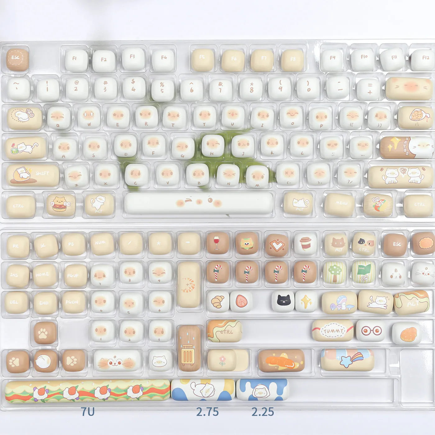 Steamed bread character march past design on a set of white PBT 7u keyboard key caps.