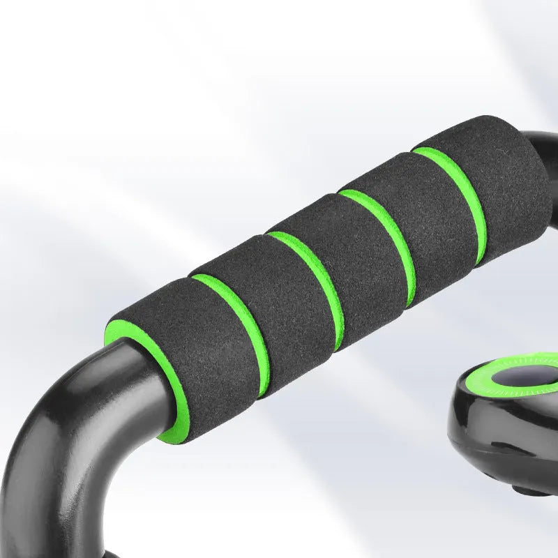 I-shaped detachable push up bars with black fruit green foam grips on PP plastic frame, yellow box packaging