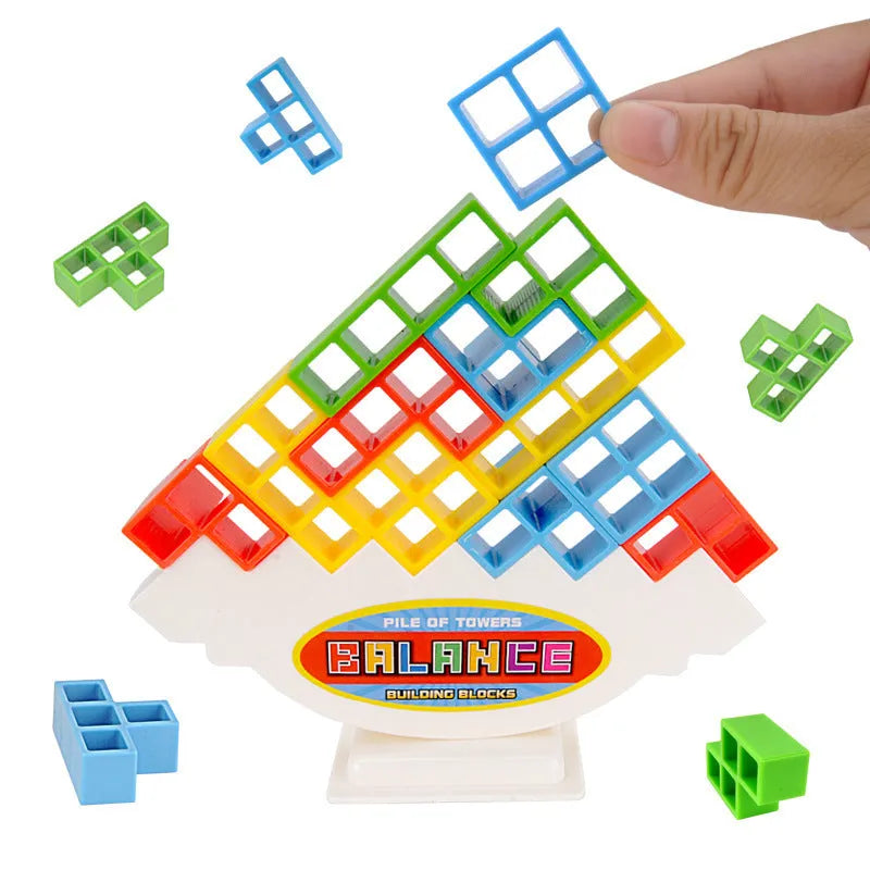 Plastic balance stacking game with colourful blocks on a chassis