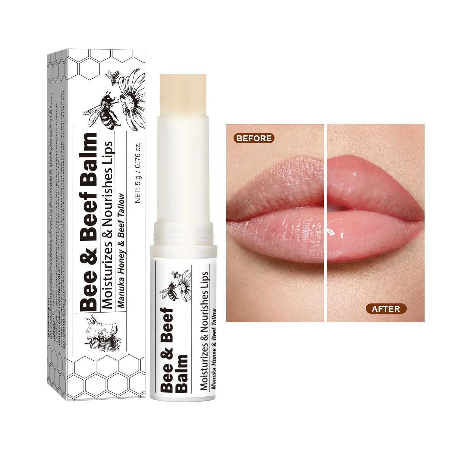 Beef fat and organic grass-fed butter lip balm stick measuring 83mm
