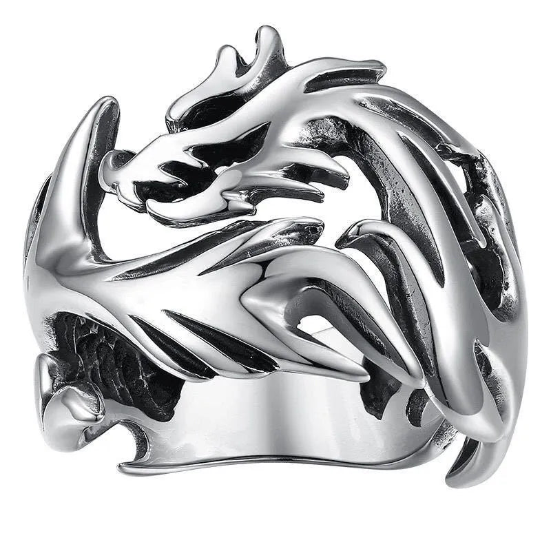 Chinese dragon pattern ring with adjustable opening in antique silver blue and green