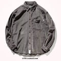 Caramel loose-fit corduroy long sleeve shirt with Hong Kong style collar.