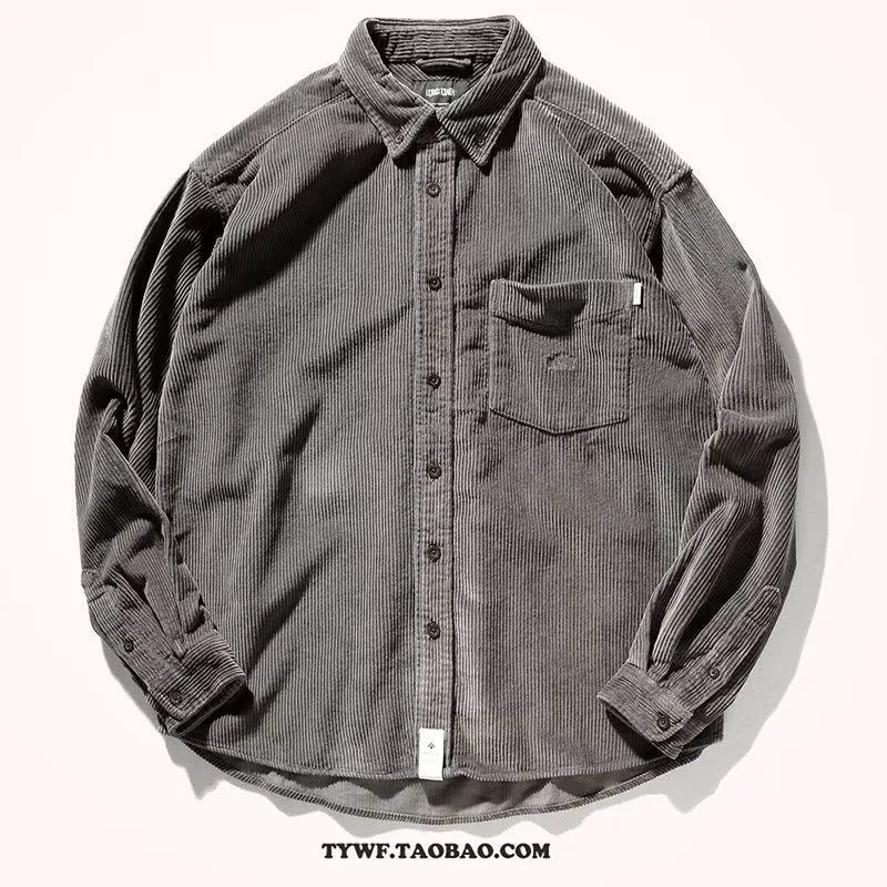 Caramel loose-fit corduroy long sleeve shirt with Hong Kong style collar.