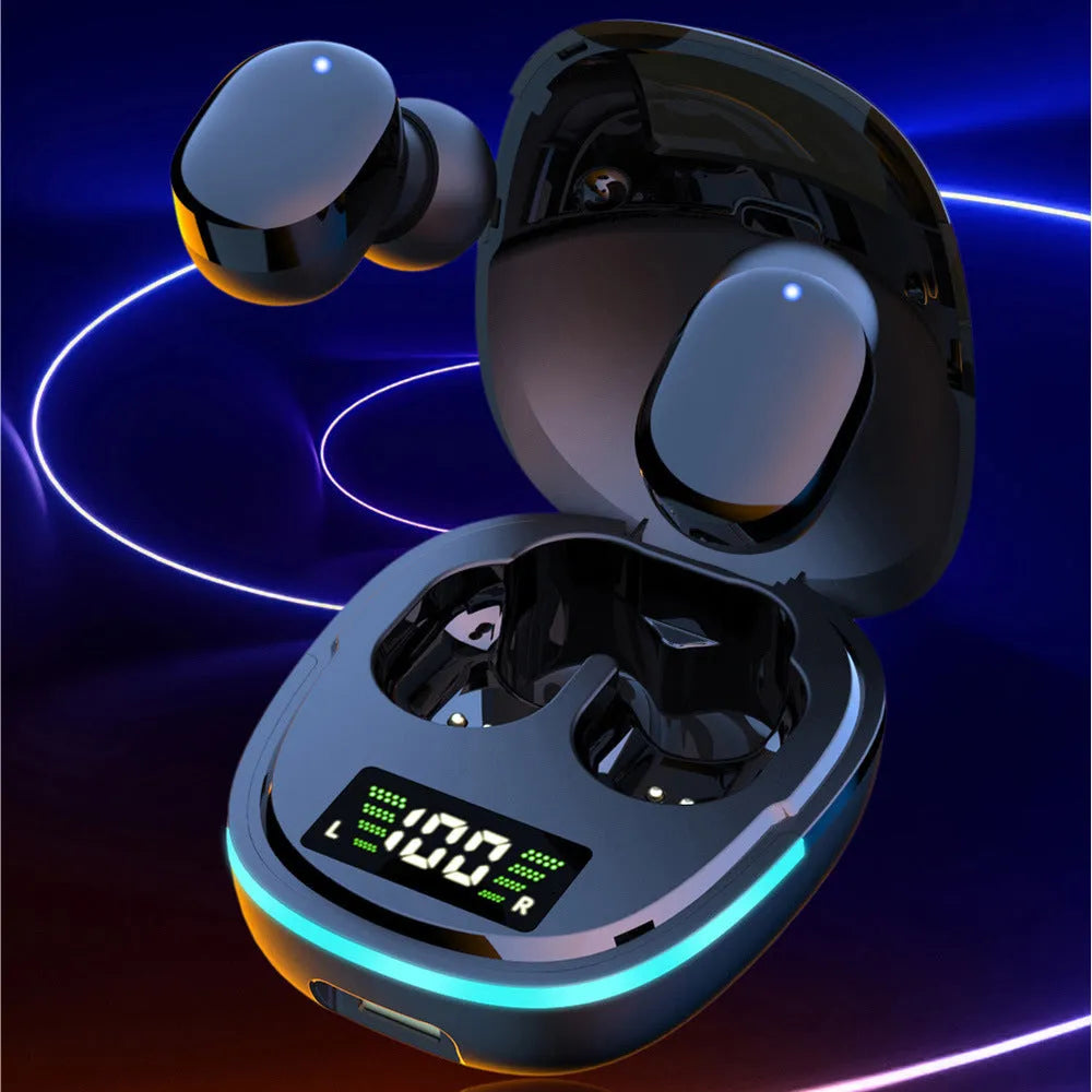 Black true wireless Bluetooth earbuds and magnetic charging case on a white background.