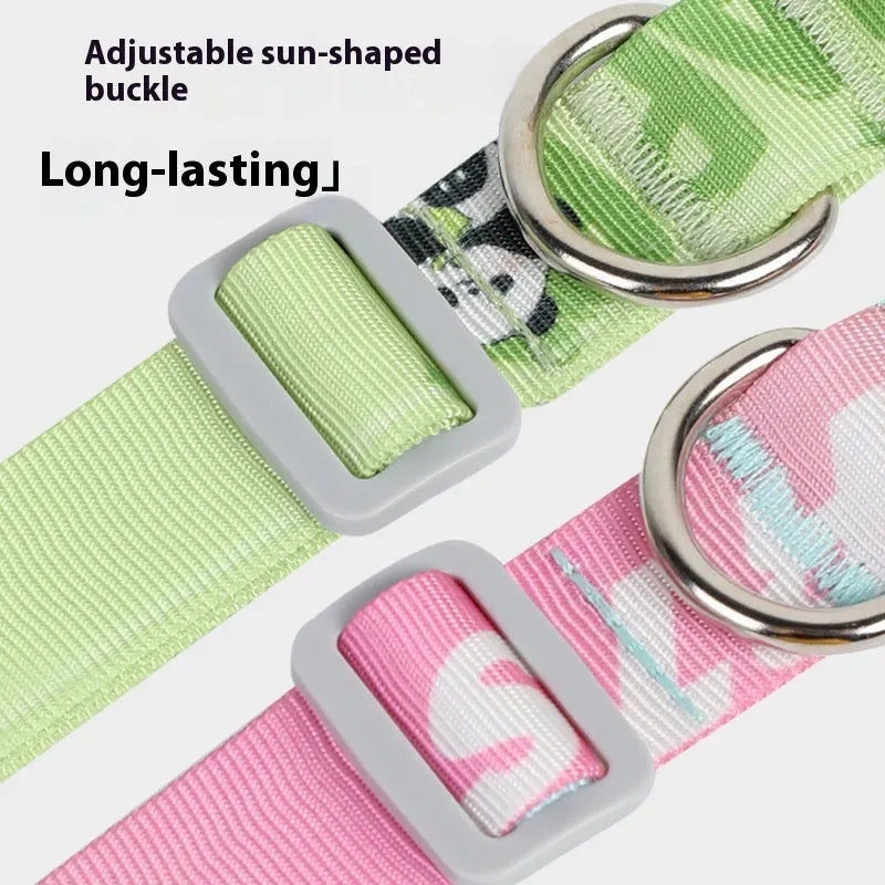 A cartoon gradient print adjustable nylon dog collar shown in sizes S, M, and L for small to large dogs.