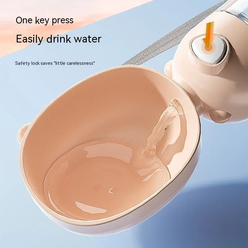 Portable dog water bottle and feeder bowl in PP plastic, shown in brown, pink, and yellow colours.