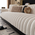 Striped rabbit plush thickening sofa cushion in dark gray on a sofa with antislip flannel surface