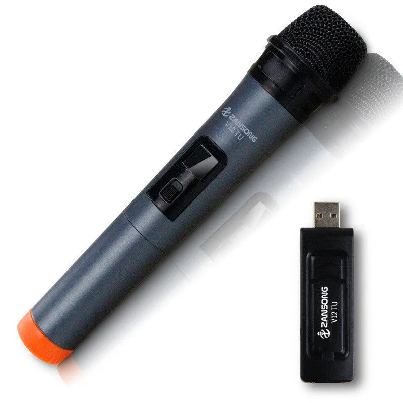 Black V12 wireless dynamic handheld microphone with USB receiver and cables