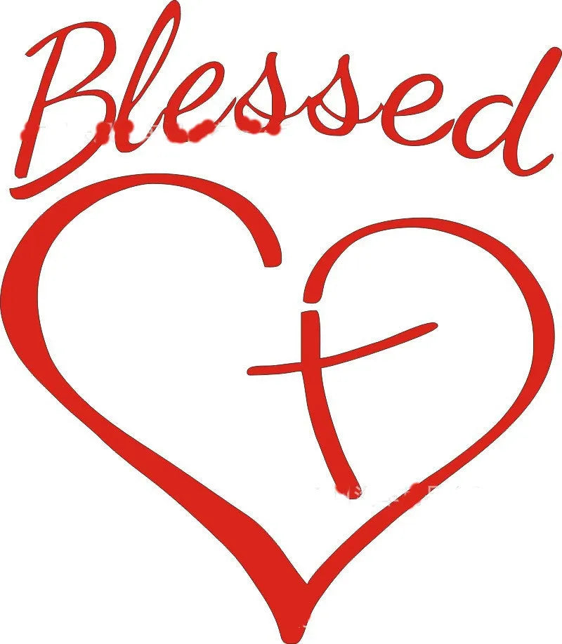 Faith Hope Love heart design sticker in black, white, and red colour options, showing dimensions.