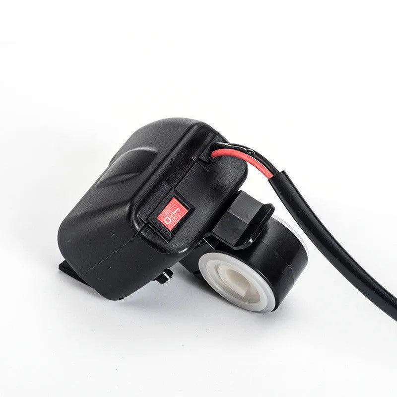 Waterproof motorcycle phone charger with QC3.0 fast charge, USB output, on/off switch, snap-in mount