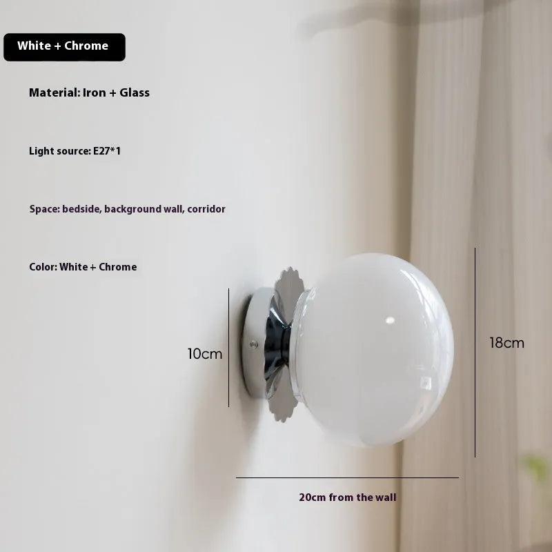 French retro cream magic bean wall lamp with wrought iron frame and glass shade, 18cm diameter, gold plating option
