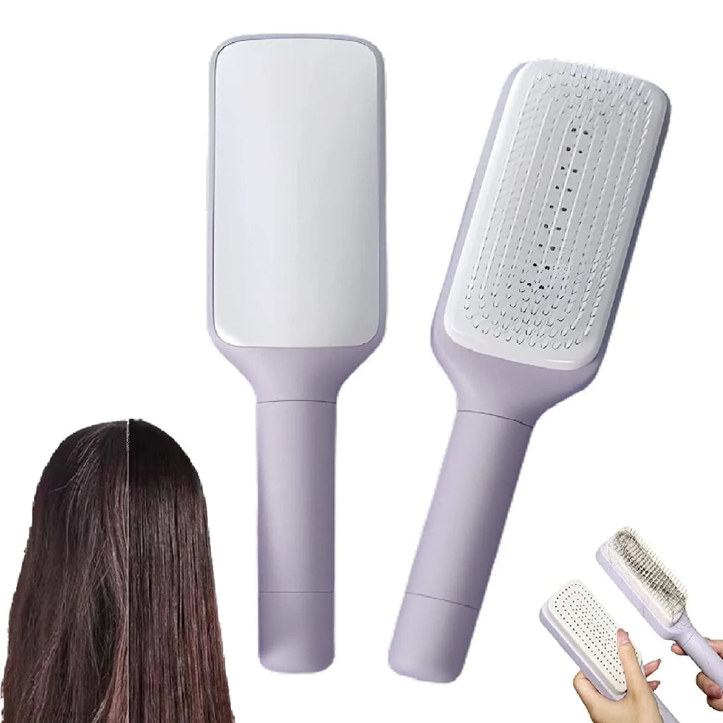 Purple self-cleaning hair brush with twist handle and massage comb teeth showing cleaning mechanism