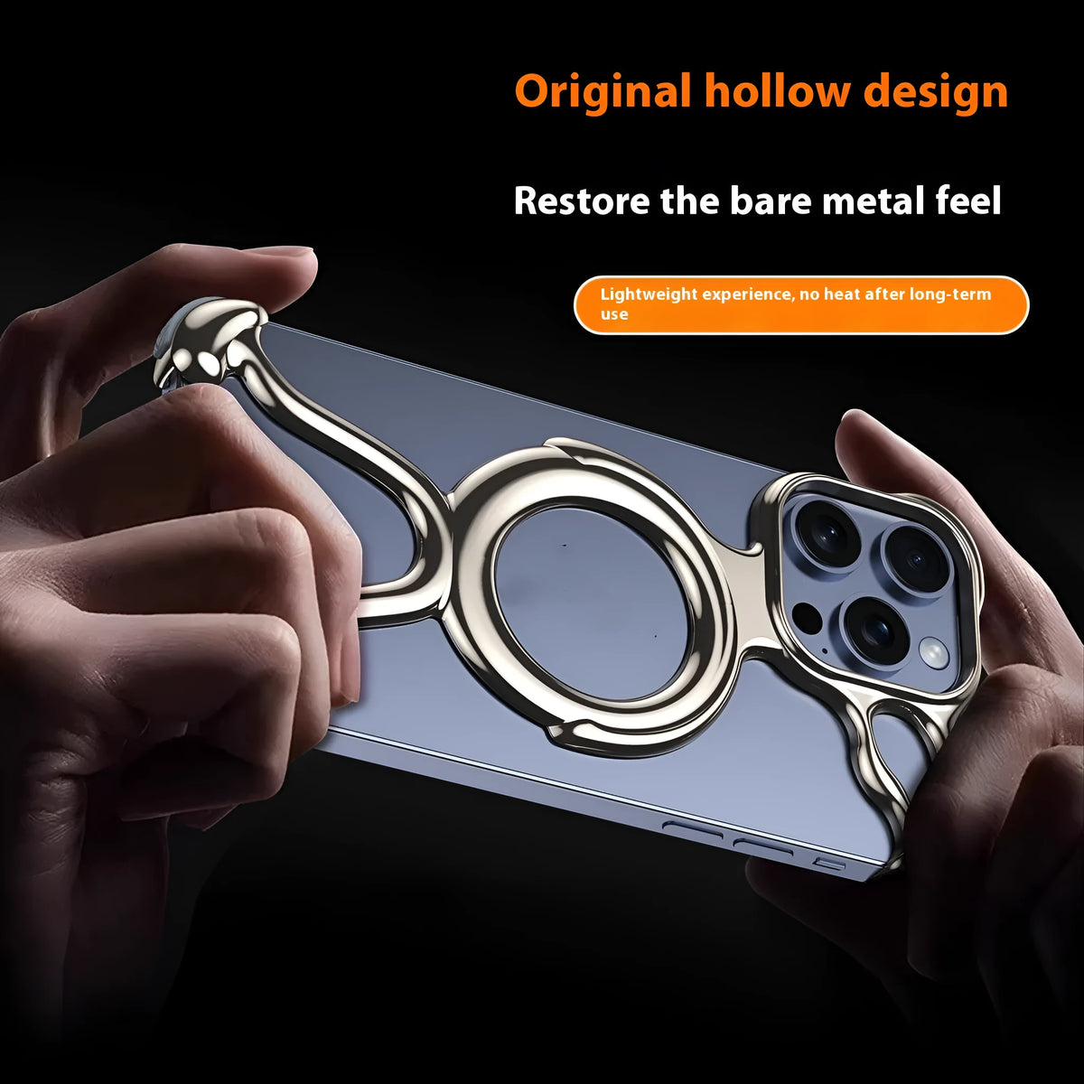 Magnetic iPhone case in bright silver with hollow design for heat dissipation and drop resistance.