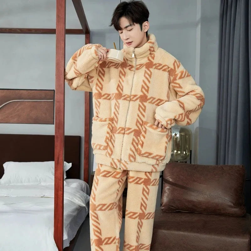 Men's thickened zipper pyjamas in artificial silk fabric colour H020, front view